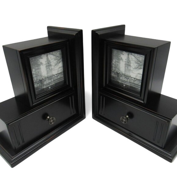 BOMBAY Photo Frame Wood BOOKENDS Set of 2 With Drawers Boxed - Picture 12 of 14